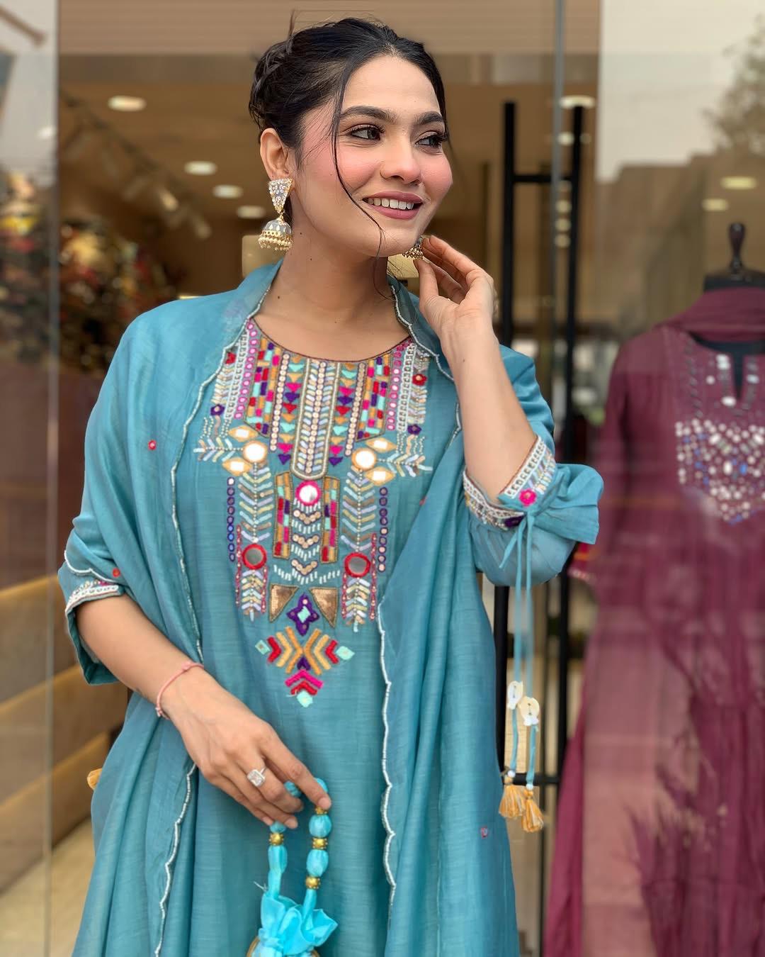X-Lady- Sky Blue Floral Embroidery Work With Mirror Work Chanderi Blend Straight Salwar Suit