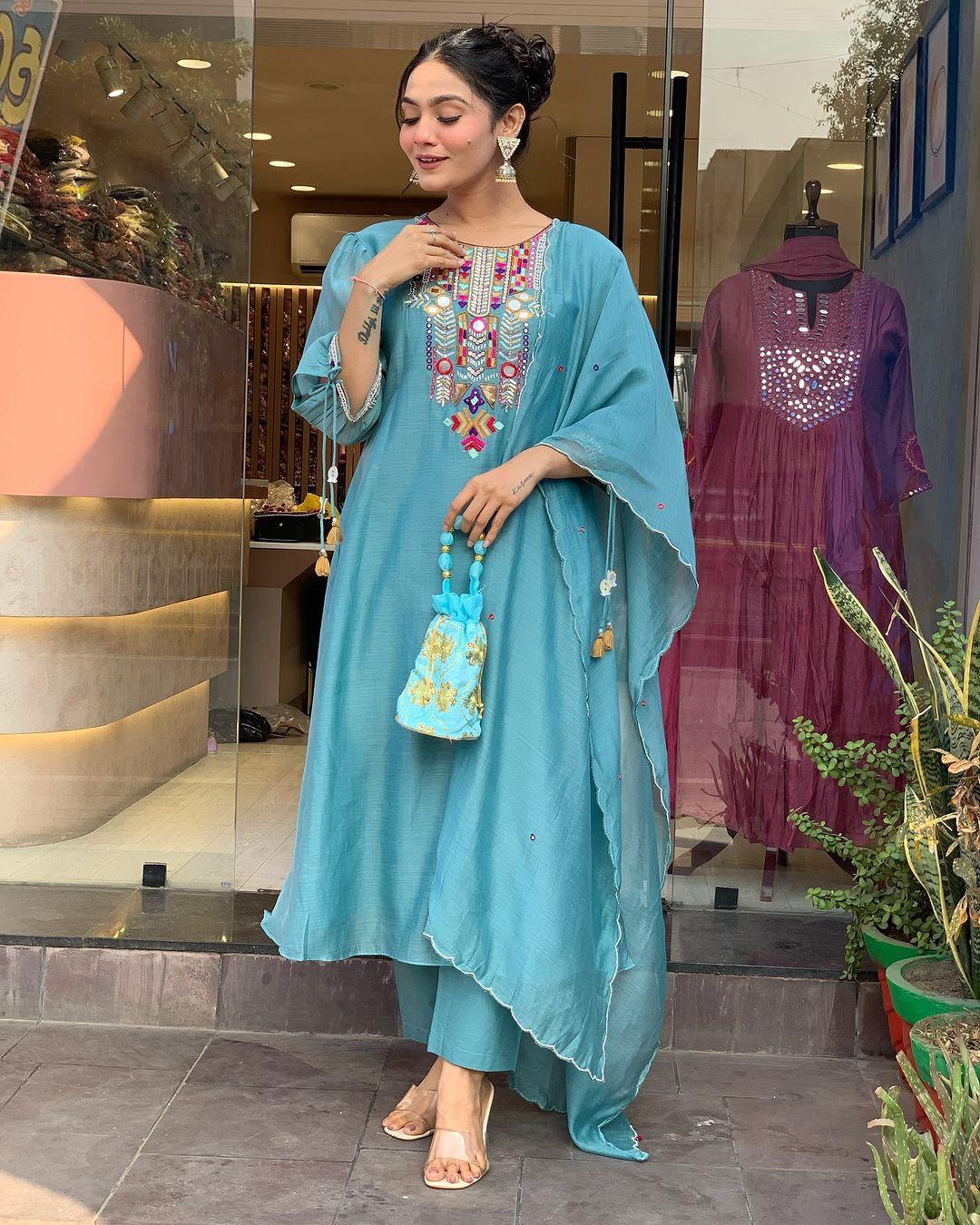 X-Lady- Sky Blue Floral Embroidery Work With Mirror Work Chanderi Blend Straight Salwar Suit