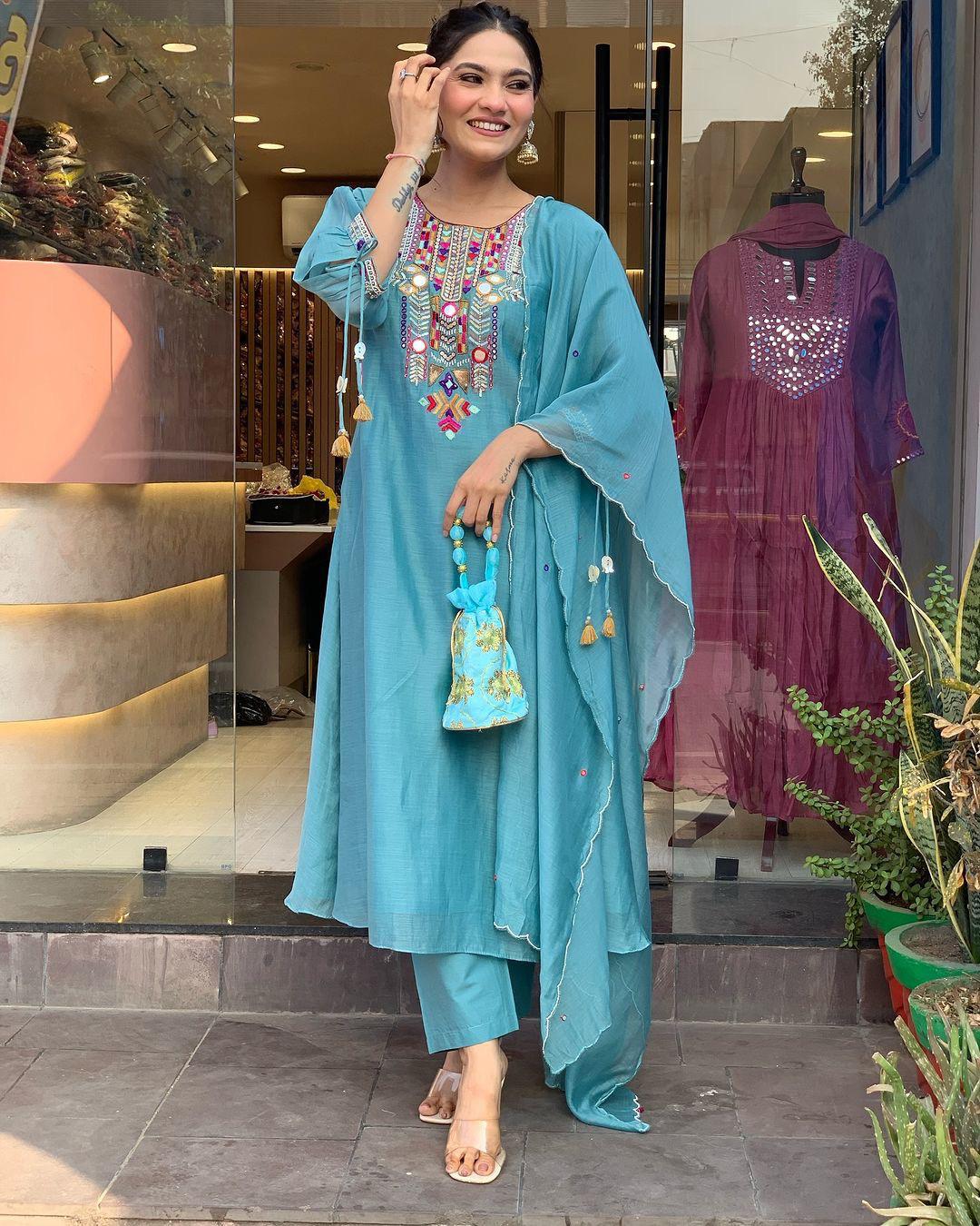 X-Lady- Sky Blue Floral Embroidery Work With Mirror Work Chanderi Blend Straight Salwar Suit