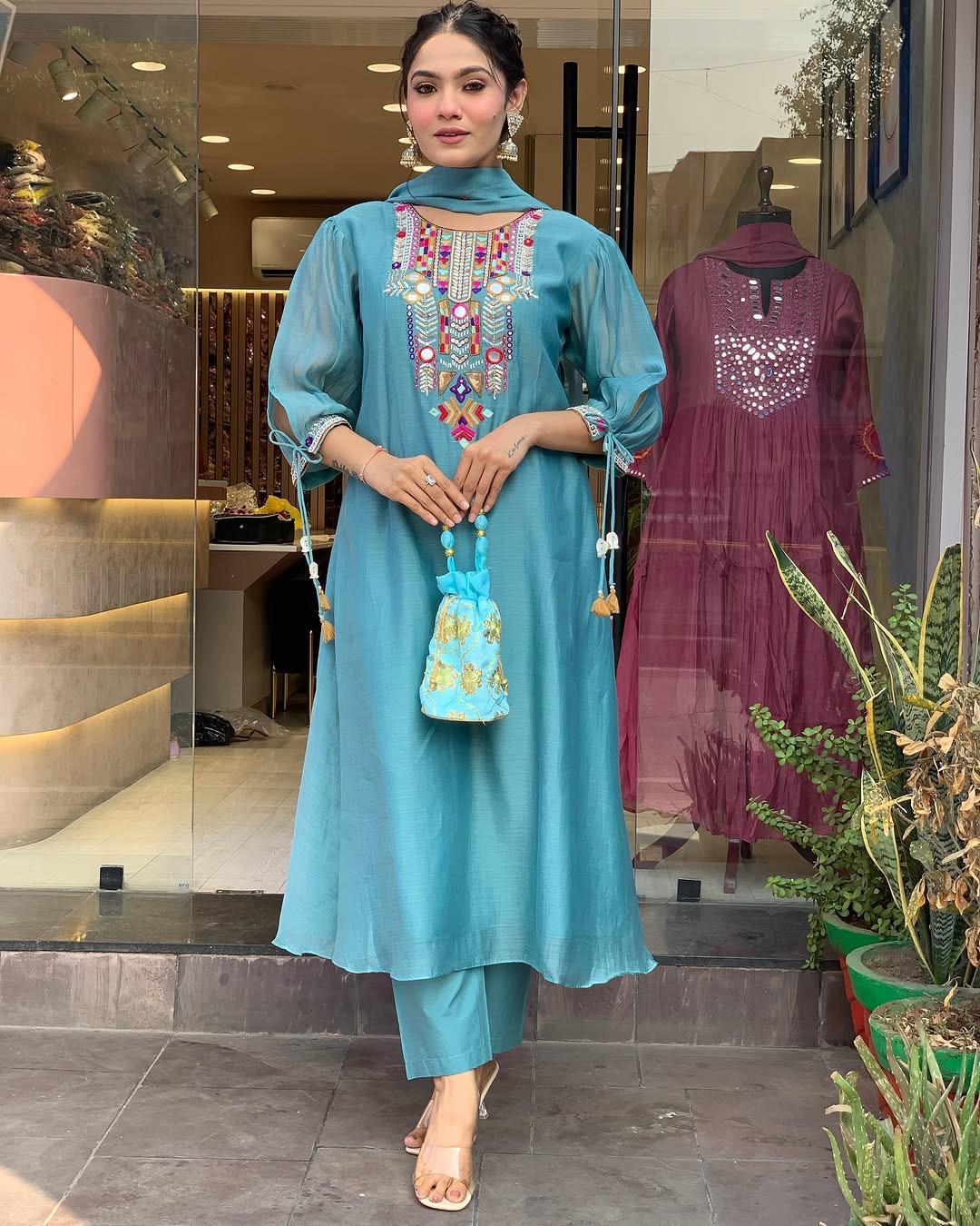 X-Lady- Sky Blue Floral Embroidery Work With Mirror Work Chanderi Blend Straight Salwar Suit