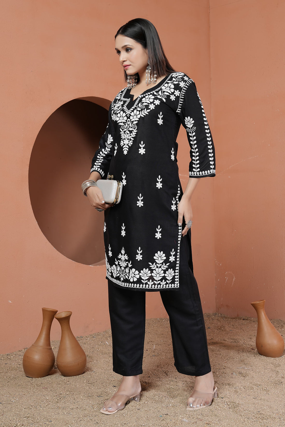 Siya Chikankari Rayon Kurti Pant Set Black