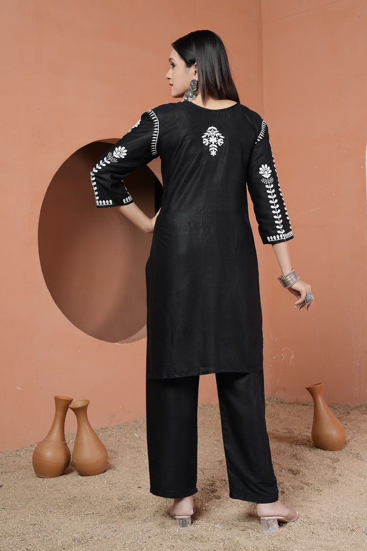 Siya Chikankari Rayon Kurti Pant Set Black