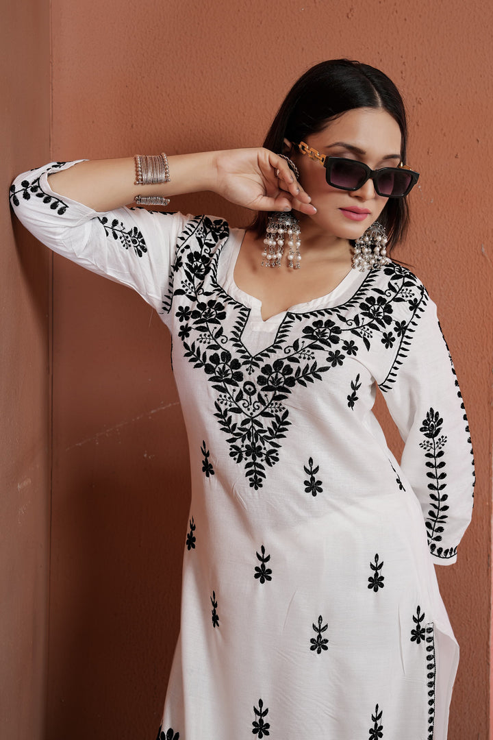 Siya Chikankari Rayon Kurti Pant Set White
