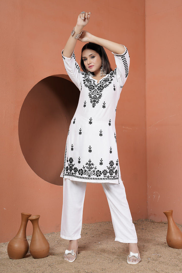 Siya Chikankari Rayon Kurti Pant Set White