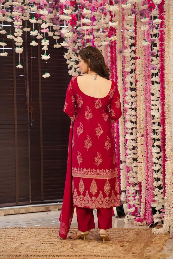 XLady-Maroon Colour Gold Accents Creates Work Simear Silk.