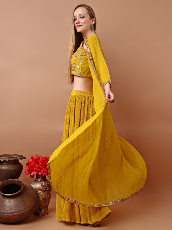 Elegant Georgette Embroidered Blouse with Palazo & Jacket Set-Mustard