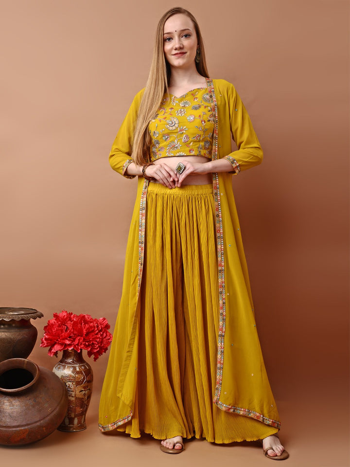 Elegant Georgette Embroidered Blouse with Palazo & Jacket Set-Mustard