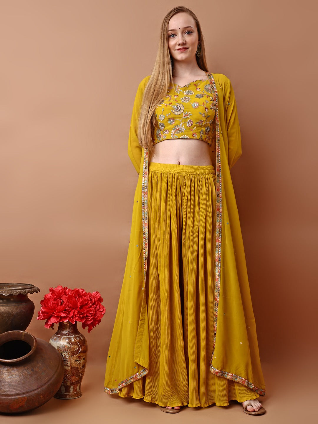 Elegant Georgette Embroidered Blouse with Palazo & Jacket Set-Mustard