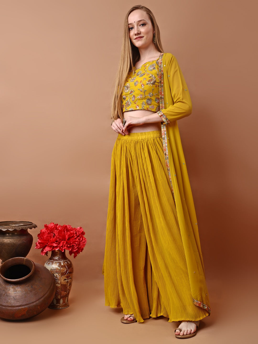 Elegant Georgette Embroidered Blouse with Palazo & Jacket Set-Mustard