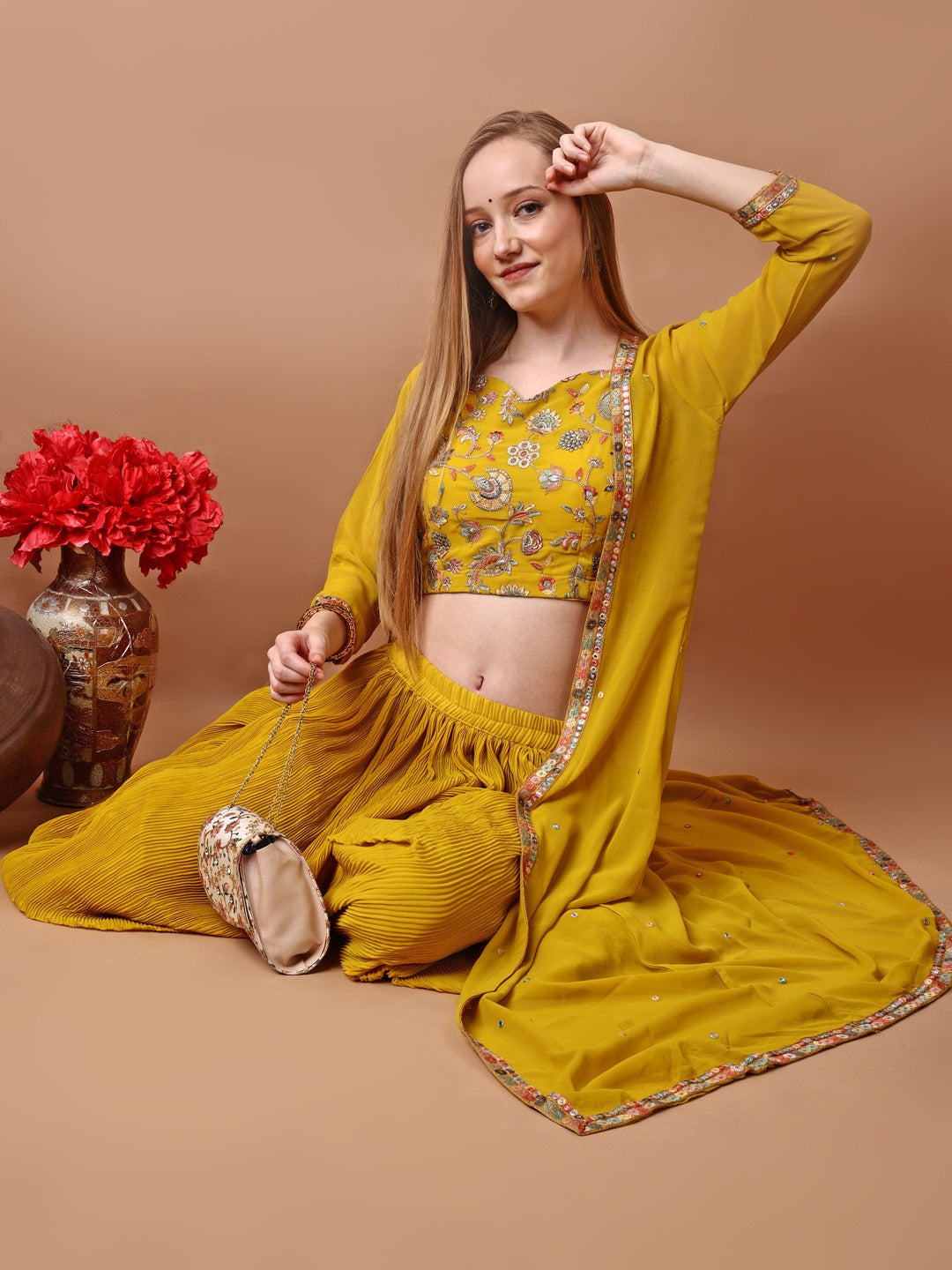 Elegant Georgette Embroidered Blouse with Palazo & Jacket Set-Mustard
