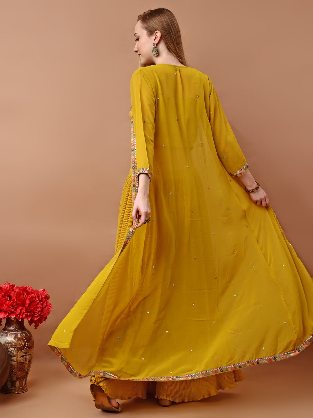 Elegant Georgette Embroidered Blouse with Palazo & Jacket Set-Mustard
