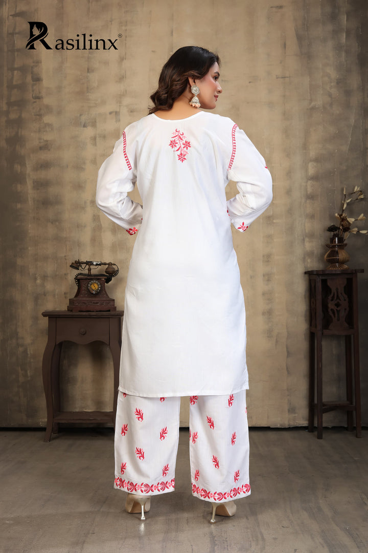 Sanaya – Colourful Chikankari Kurti Pant Set for Trendy Women White