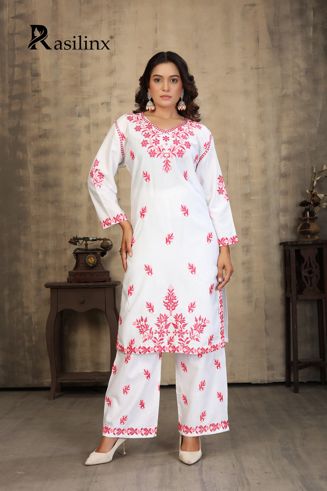 Sanaya – Colourful Chikankari Kurti Pant Set for Trendy Women White