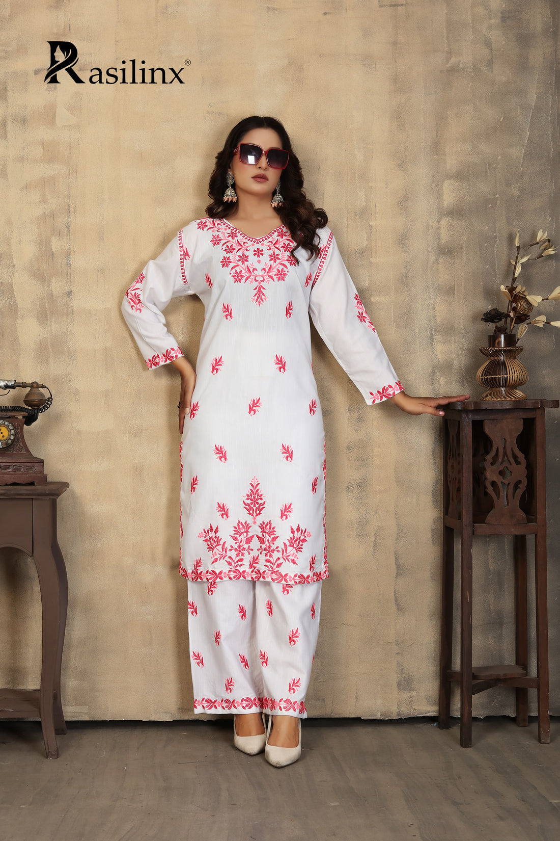 Sanaya – Colourful Chikankari Kurti Pant Set for Trendy Women White
