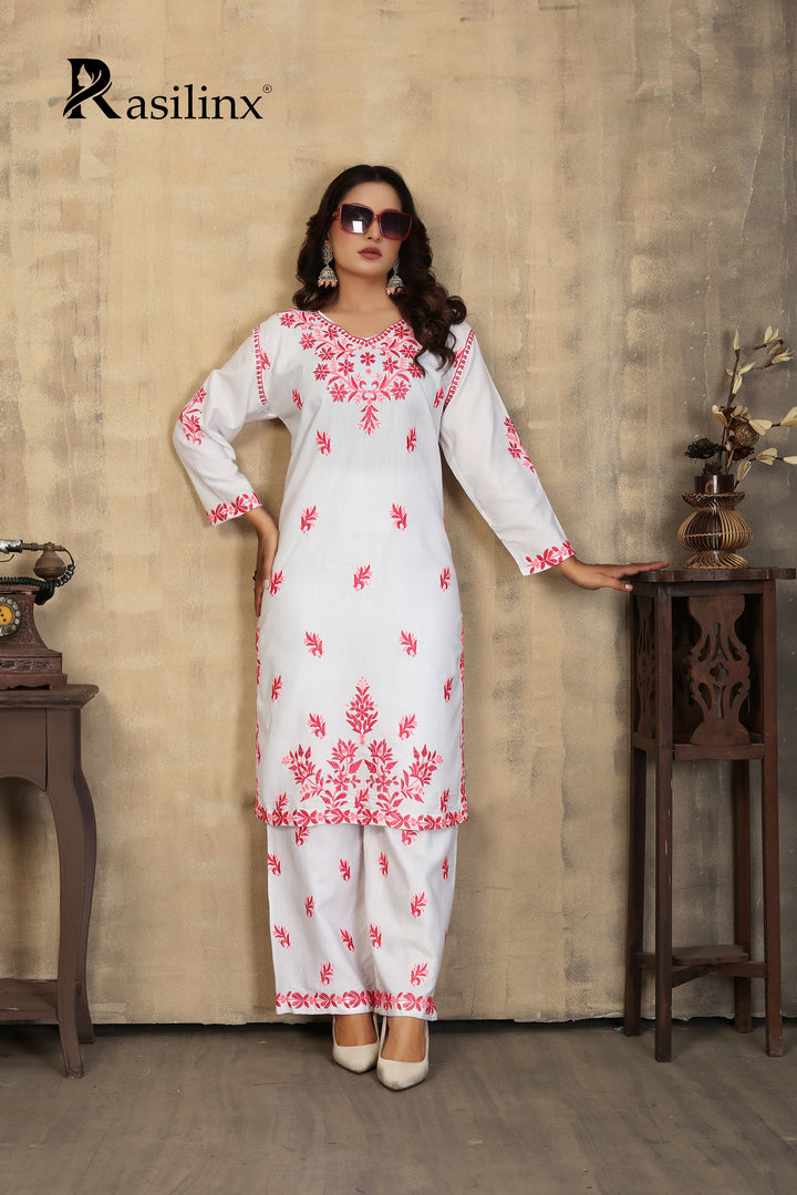 Sanaya – Colourful Chikankari Kurti Pant Set for Trendy Women White