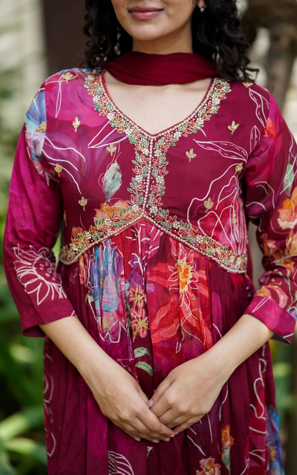 X-Lady Wine Floral Print With Embroidery Work Georgette Alia Cut Gown With Duppata.