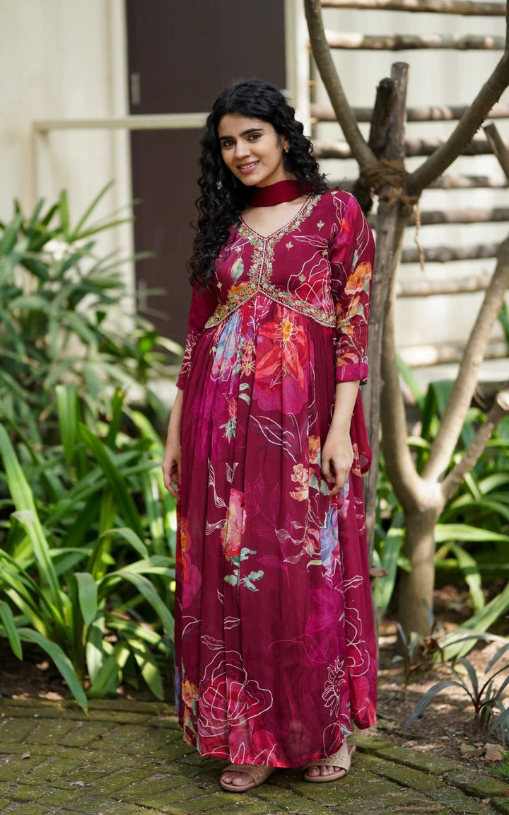 X-Lady Wine Floral Print With Embroidery Work Georgette Alia Cut Gown With Duppata.