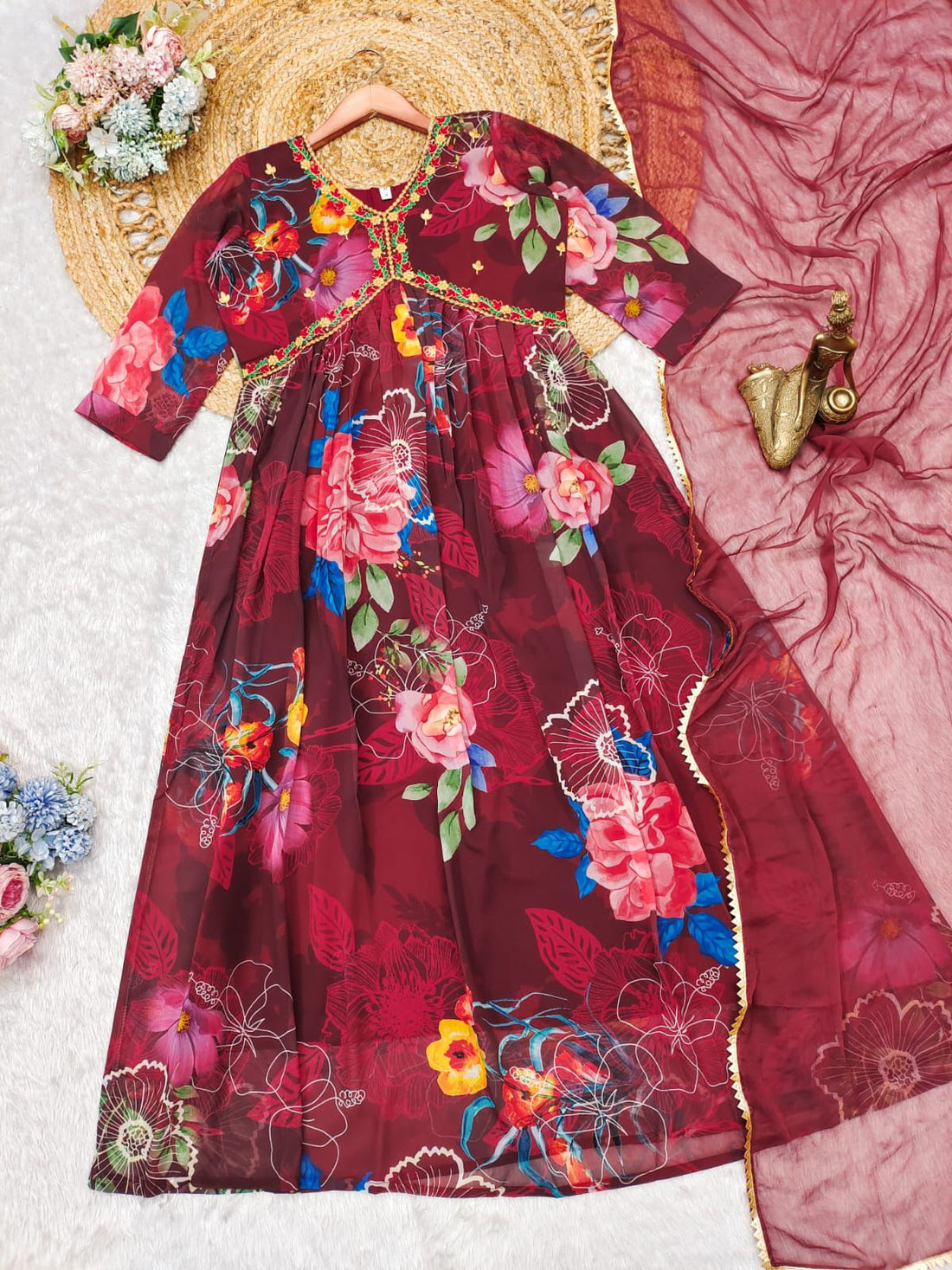 X-Lady Wine Floral Print With Embroidery Work Georgette Alia Cut Gown With Duppata.
