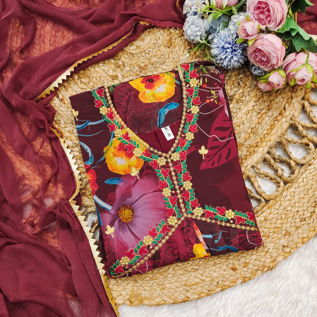 X-Lady Wine Floral Print With Embroidery Work Georgette Alia Cut Gown With Duppata.