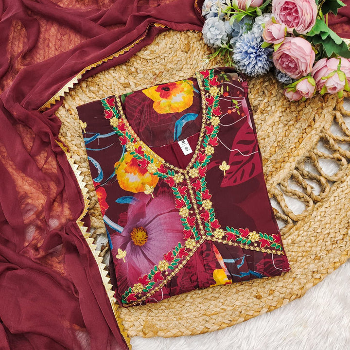 X-Lady Wine Floral Print With Embroidery Work Georgette Alia Cut Gown With Duppata.