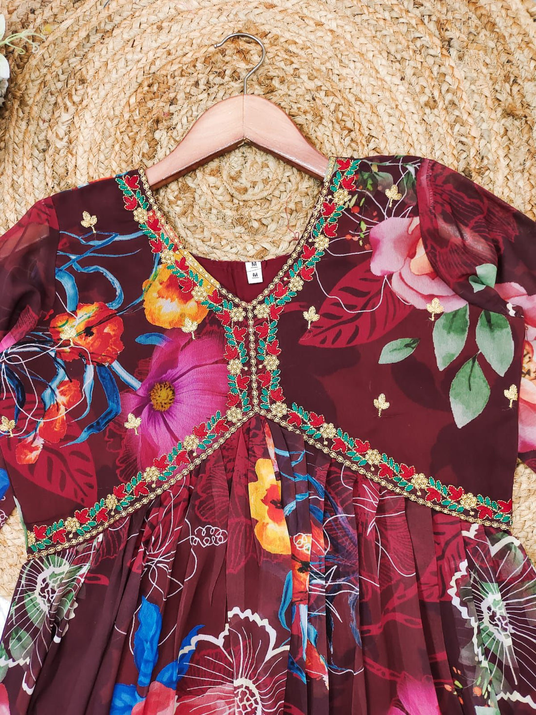 X-Lady Wine Floral Print With Embroidery Work Georgette Alia Cut Gown With Duppata.