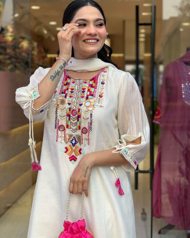 X-Lady-White Floral Embroidery Work With Mirror Work Chanderi Blend Straight Salwar Suit.