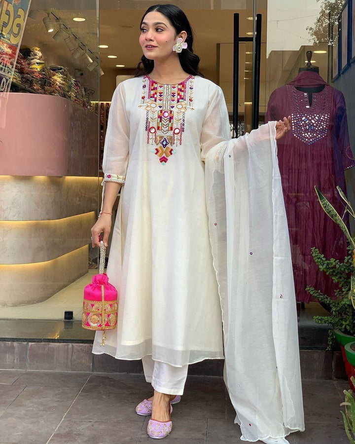 X-Lady-White Floral Embroidery Work With Mirror Work Chanderi Blend Straight Salwar Suit.
