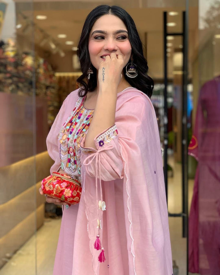 X-Lady-Pink Floral Embroidery Work With Mirror Work Chanderi Blend Straight Salwar Suit.