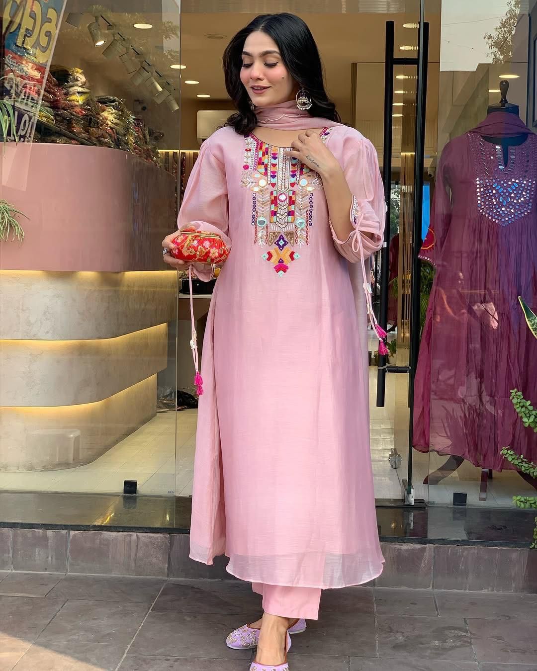 X-Lady-Pink Floral Embroidery Work With Mirror Work Chanderi Blend Straight Salwar Suit.