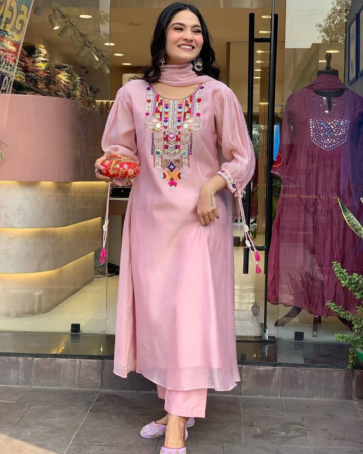 X-Lady-Pink Floral Embroidery Work With Mirror Work Chanderi Blend Straight Salwar Suit.