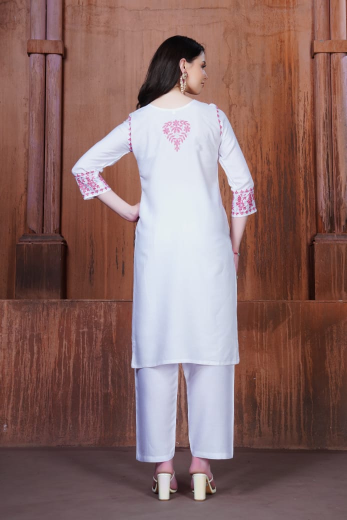 White Floral Embroidered Rayon Kurti Set.