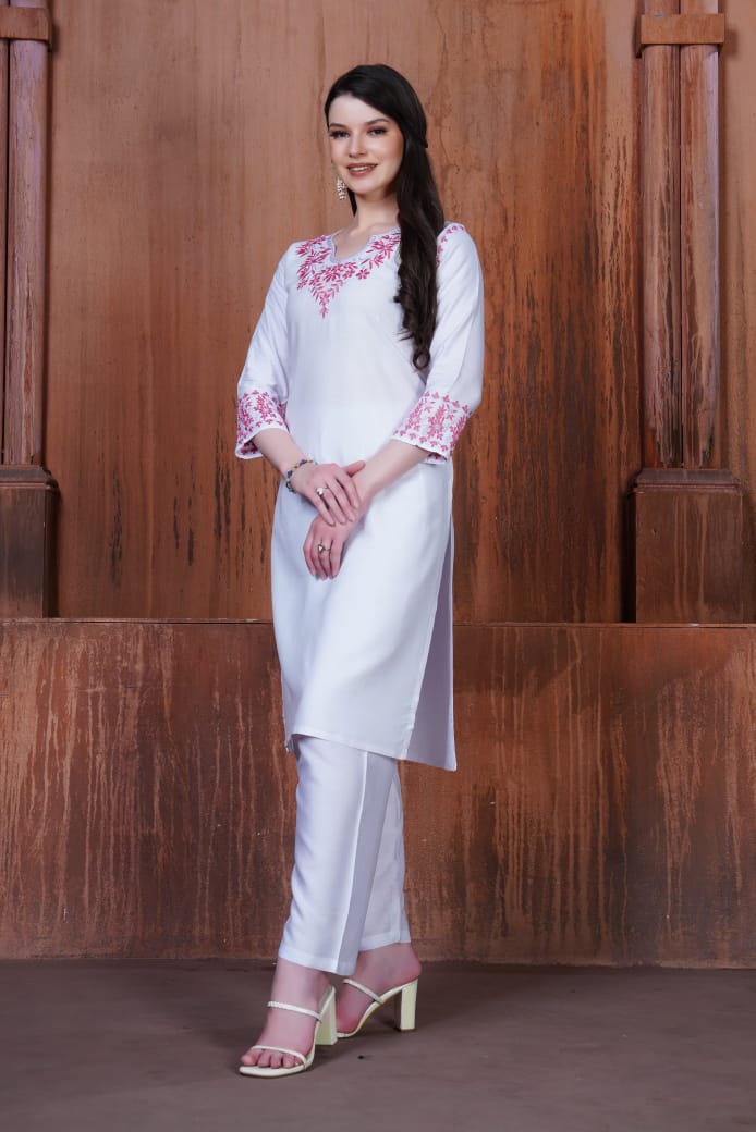 White Floral Embroidered Rayon Kurti Set.