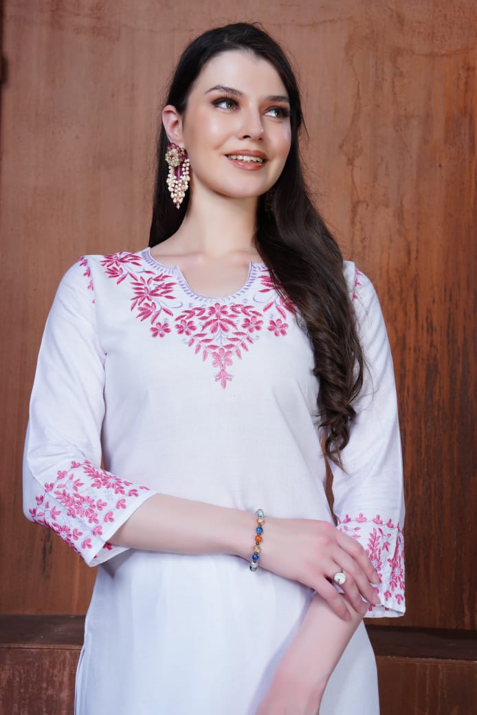 White Floral Embroidered Rayon Kurti Set.