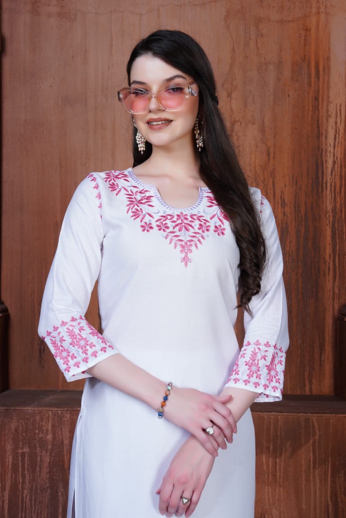 White Floral Embroidered Rayon Kurti Set.