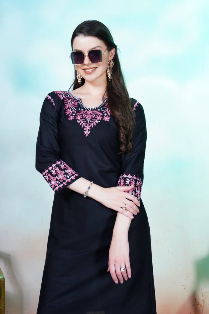 Black Floral Embroidered Rayon Kurti Set.