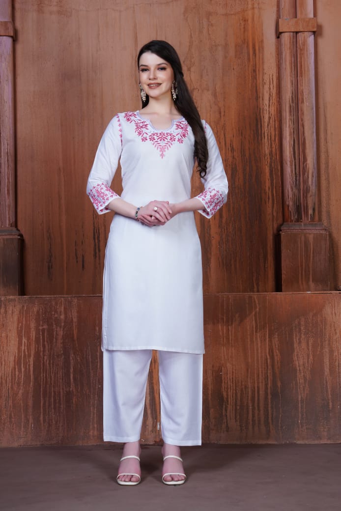 White Floral Embroidered Rayon Kurti Set.