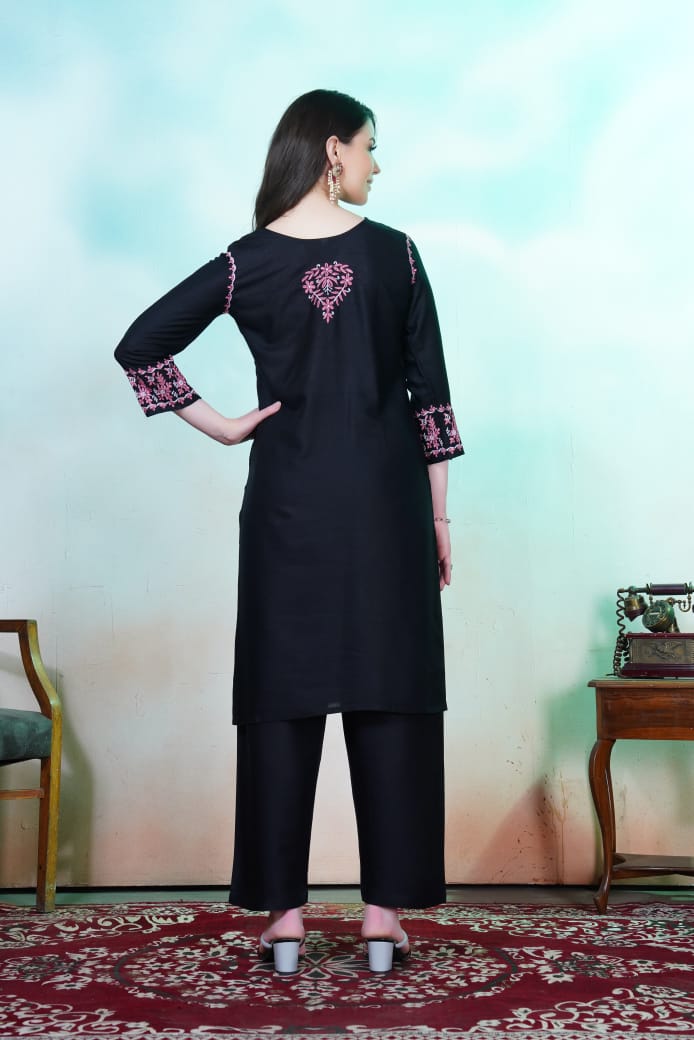Black Floral Embroidered Rayon Kurti Set.