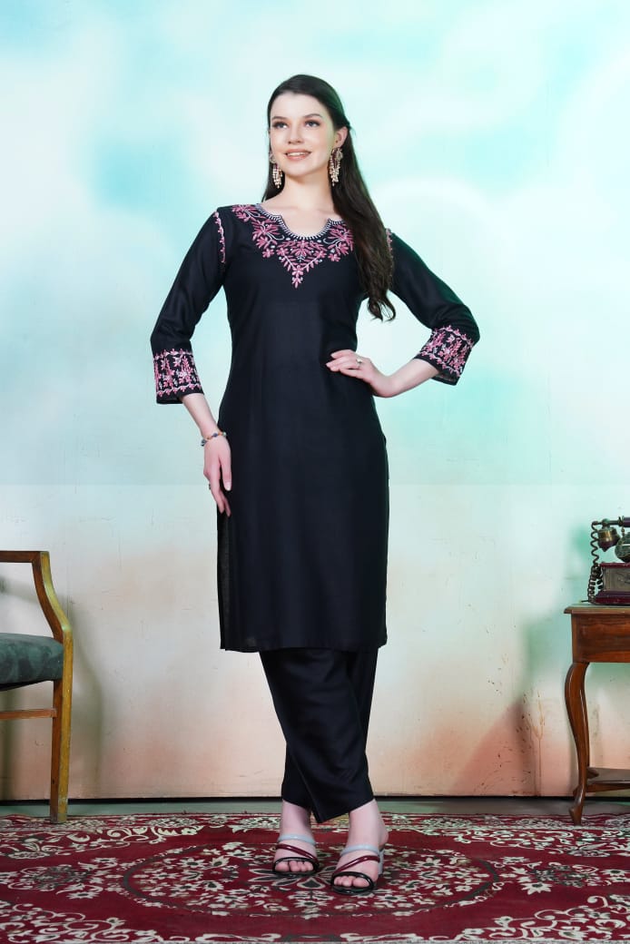 Black Floral Embroidered Rayon Kurti Set.