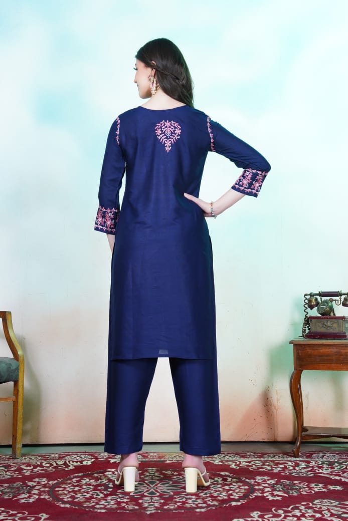 Blue Floral Embroidered Rayon Kurti Set.