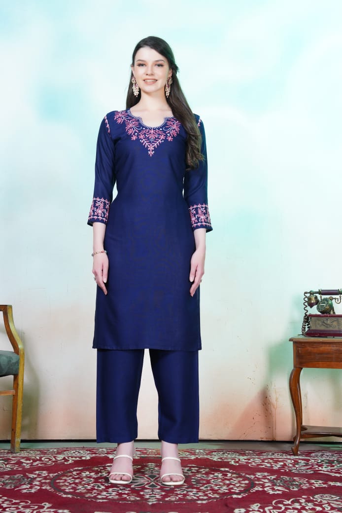 Blue Floral Embroidered Rayon Kurti Set.