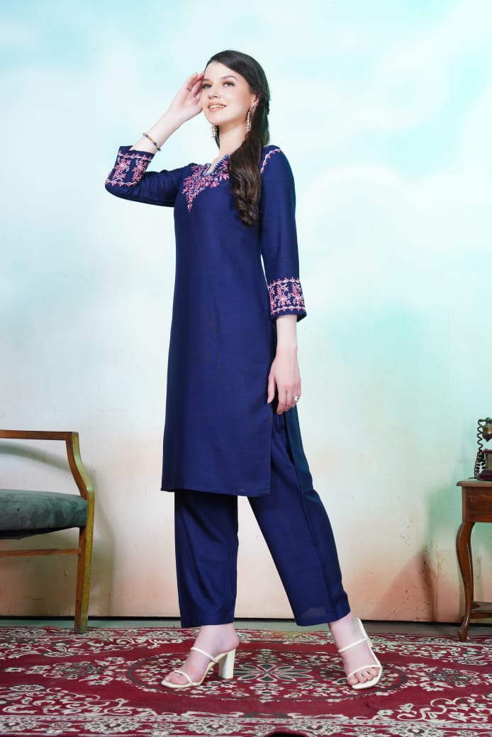 Blue Floral Embroidered Rayon Kurti Set.