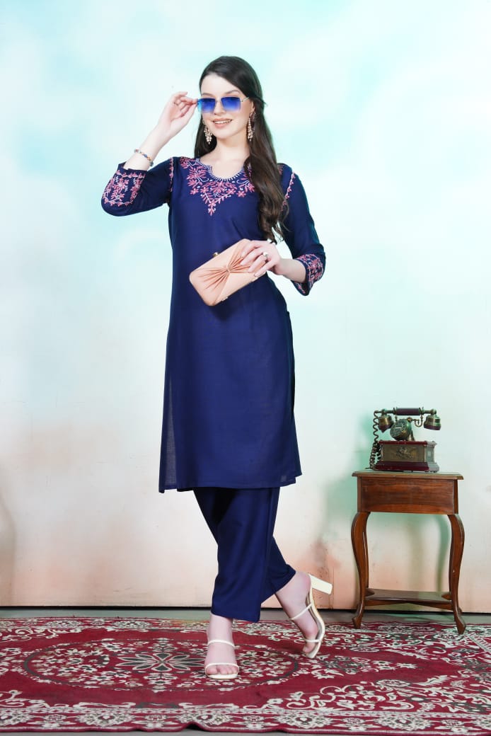 Blue Floral Embroidered Rayon Kurti Set.