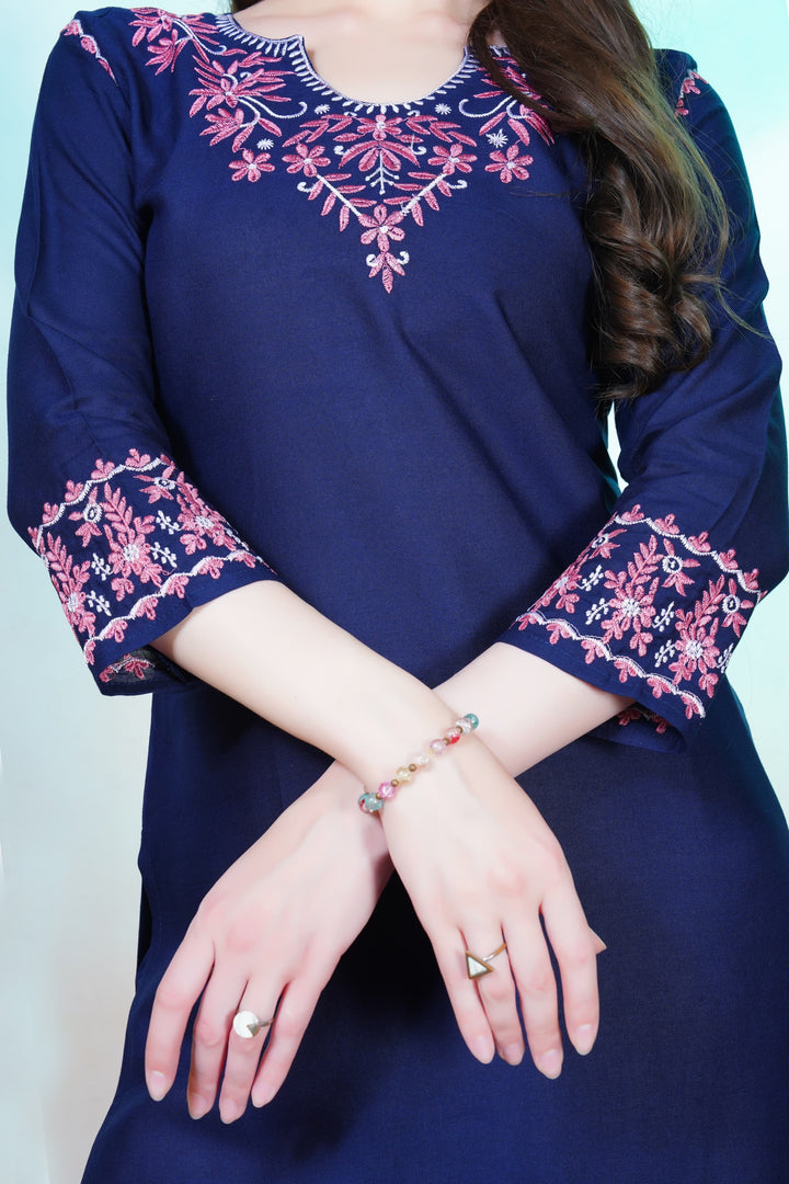 Blue Floral Embroidered Rayon Kurti Set.