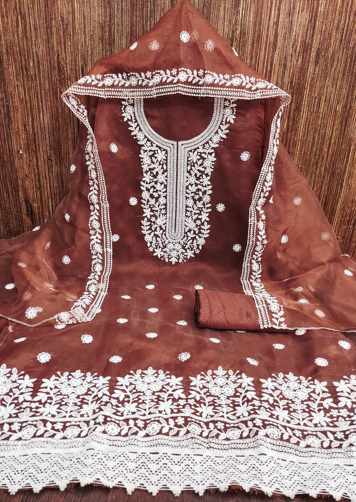 Brown Floral Embroidered Organza Dress Material.