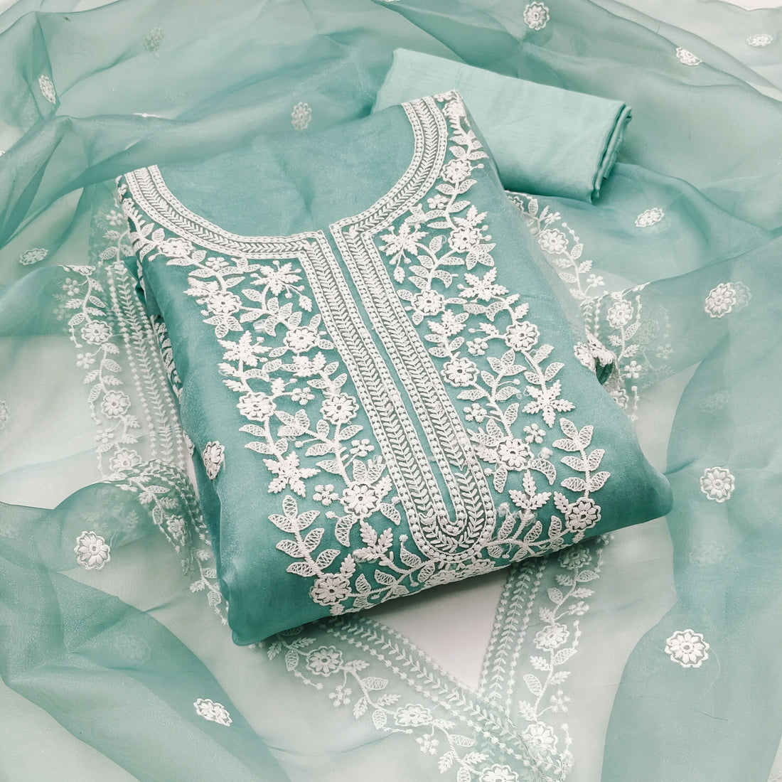 Sea Green Floral Embroidered Organza Dress Material.