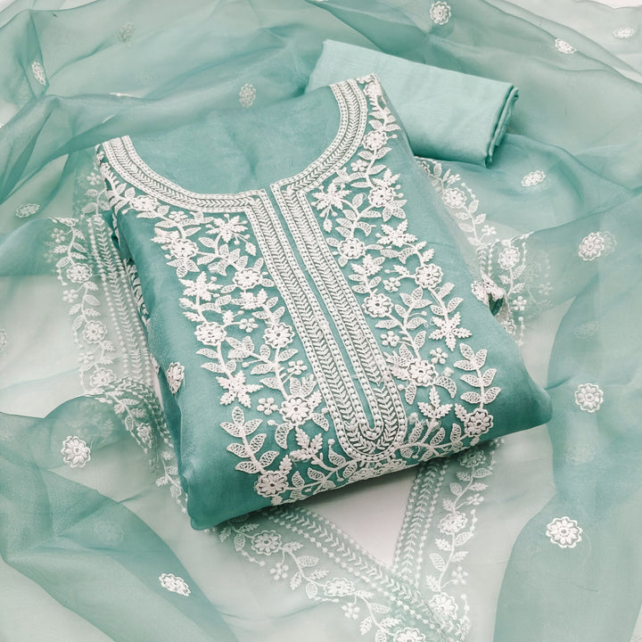 Sea Green Floral Embroidered Organza Dress Material.