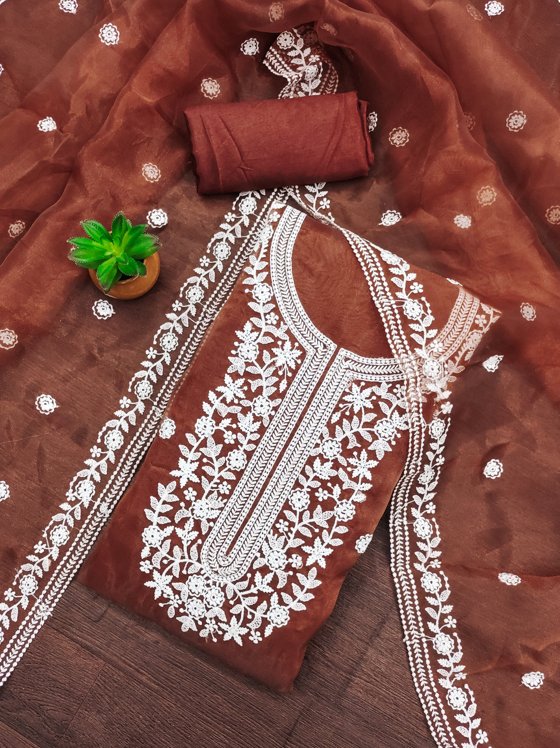 Brown Floral Embroidered Organza Dress Material.