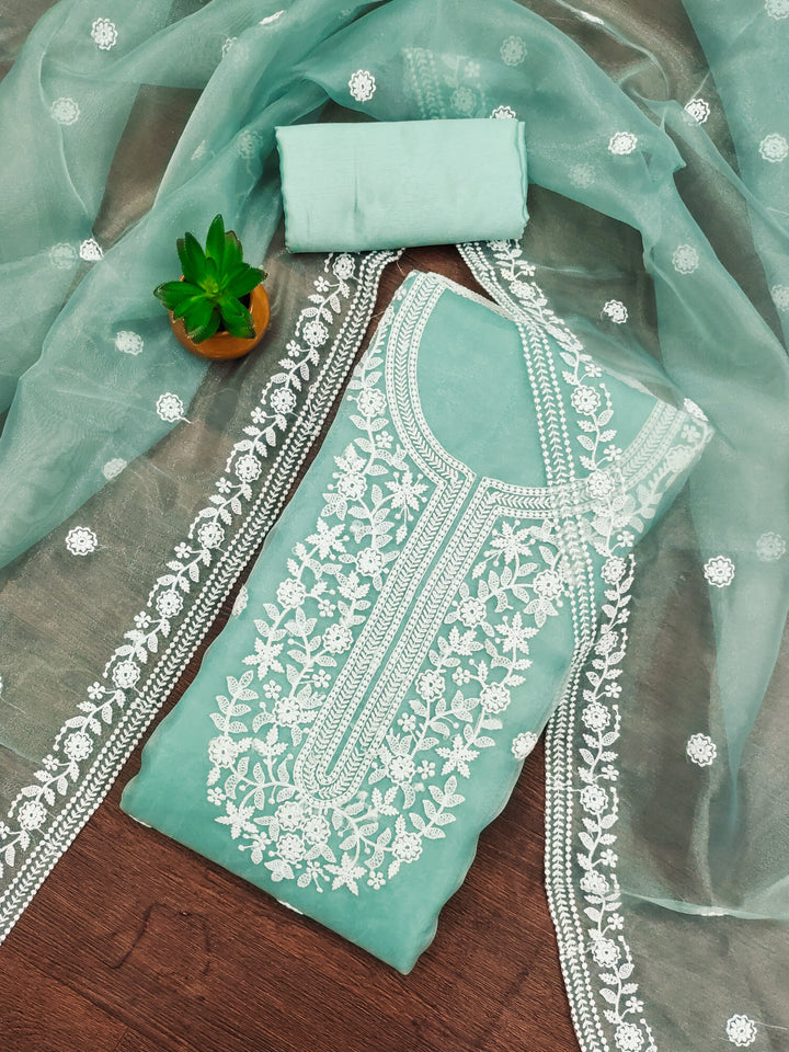 Sea Green Floral Embroidered Organza Dress Material.