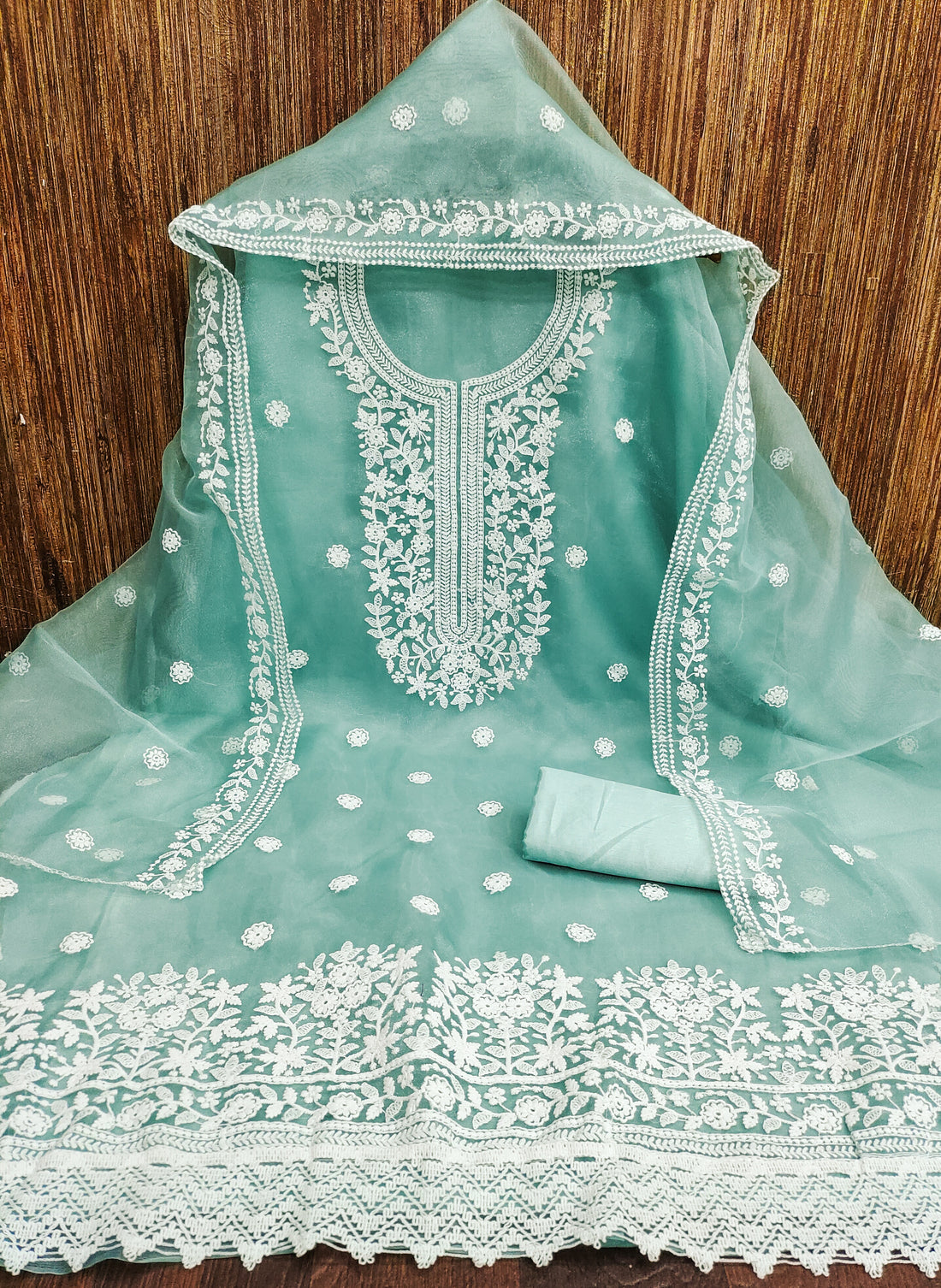 Sea Green Floral Embroidered Organza Dress Material.