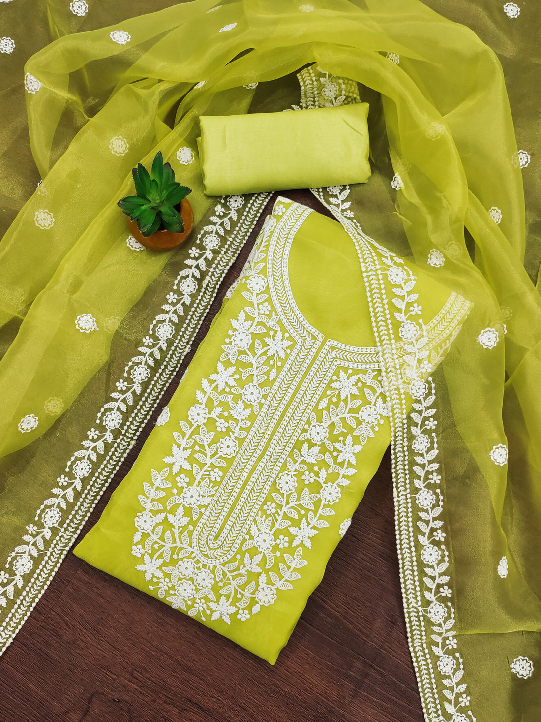 Parrot Green Floral Embroidered Organza Dress Material